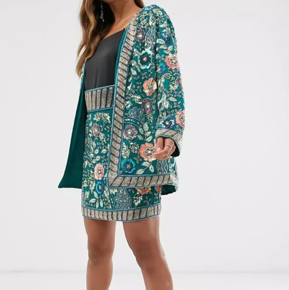 ASOS Teal Floral Beaded Jacket - Picture 1 of 7
